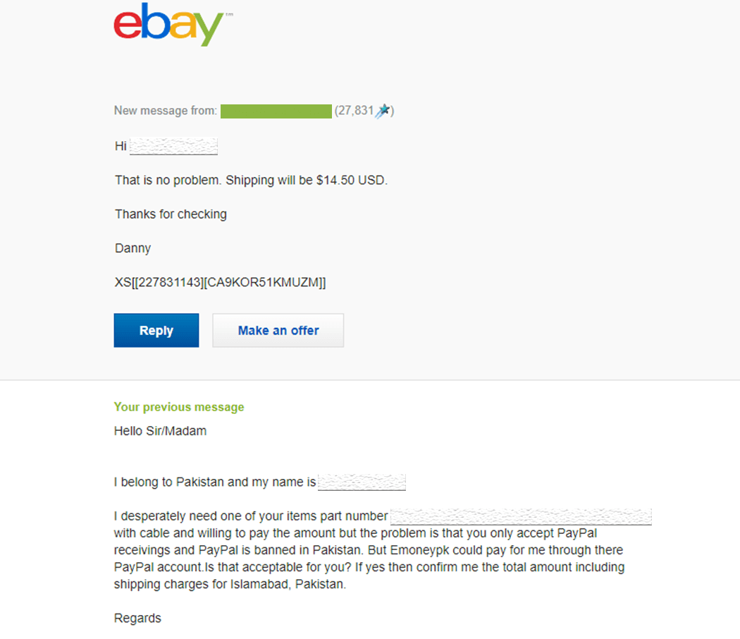 ebay payment from pakistan